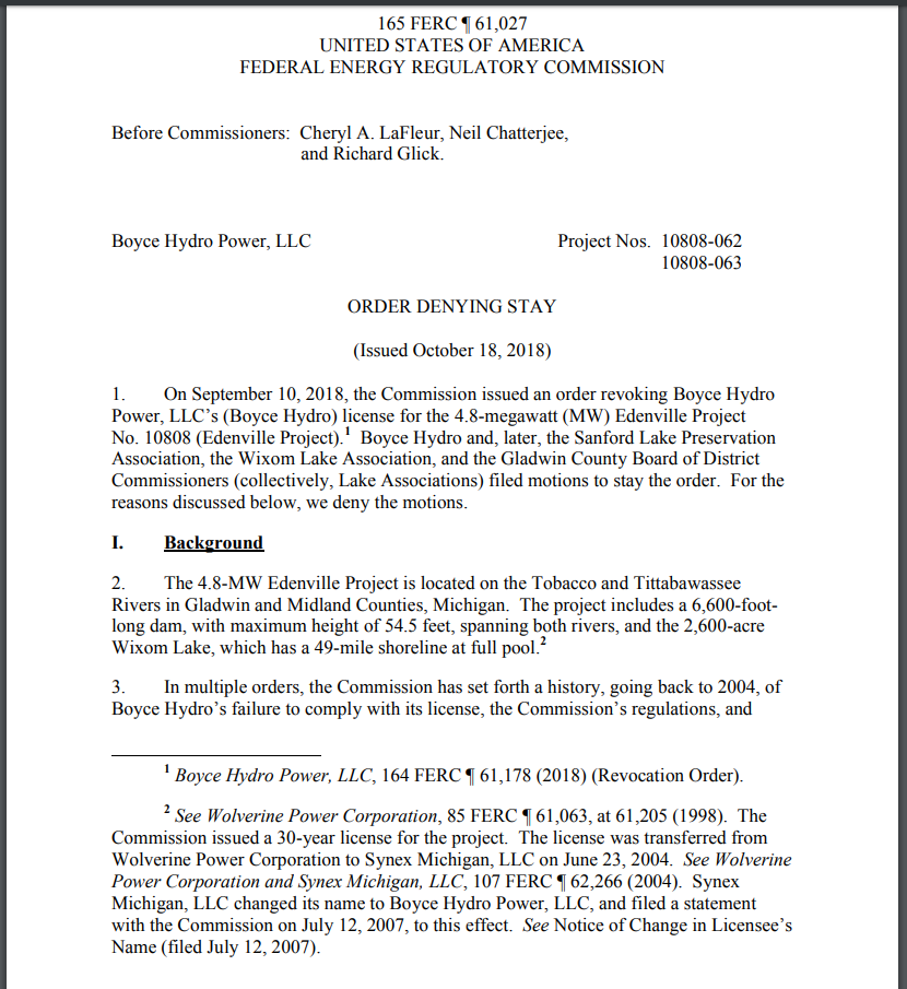 FERC order Boyce Hydro